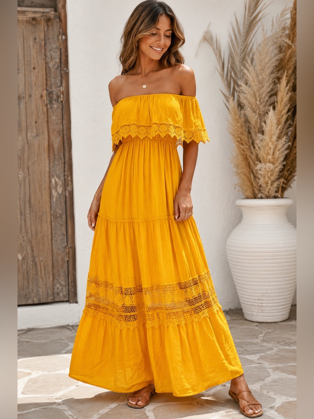 Forever 21 Yellow Boho Off Shoulder Crochet Lace Maxi Dress